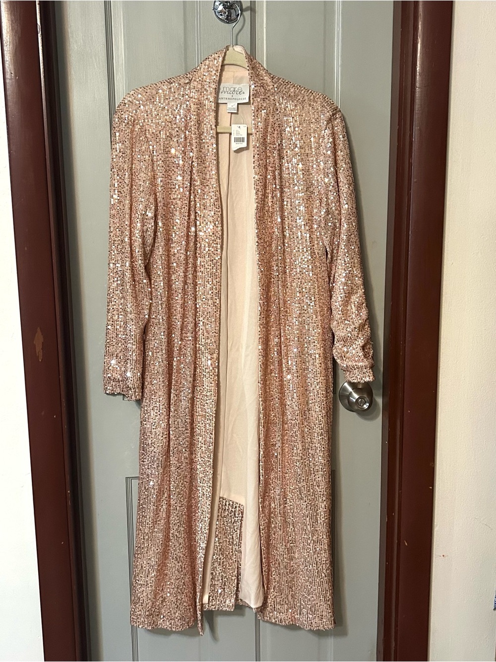 Mare Mare for Anthropologie Rose Gold Sequin Longline Duster Rose Gold Sz S NWT - Picture 4 of 14